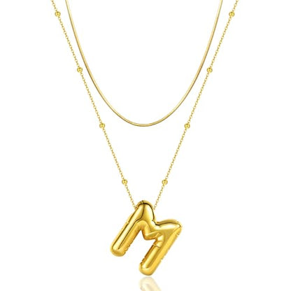 LUCA SMITH 2-Piece Initial Necklaces for Women, Dainty Balloon Bubble A-Z Letter Necklace Set, Name Letter Alphabet Pendant Layered Choker Necklaces Personalized Jewelry Gift - color: Gold bubble letter necklace, style: Initial Set-M