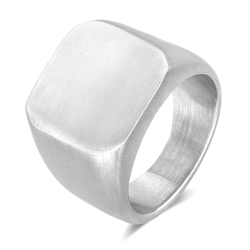 Men's Stainless Steel Square Biker Signet Ring, Black Silver Gold Styles | plain flat top, polished and brushed finish options, chunky profile, pinky or thumb styling, gift-ready for dad or him - color: Silver-Brushed