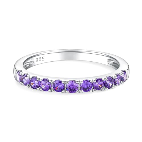 Bezel Set Birthstone Wedding Band 14K Gold Sterling Silver Stackable Half Eternity Band Rings 2.5mm Wide Ruby/Amethyst/Sapphire/Emerald Green/Aquamarine Ring for Women, Send Gift Box - style: 02-Created Amethyst