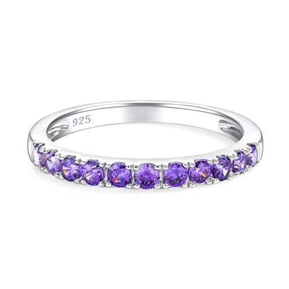 Bezel Set Birthstone Wedding Band 14K Gold Sterling Silver Stackable Half Eternity Band Rings 2.5mm Wide Ruby/Amethyst/Sapphire/Emerald Green/Aquamarine Ring for Women, Send Gift Box - style: 02-Created Amethyst