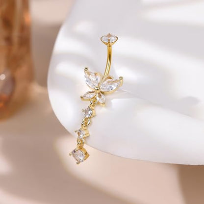 14G G23 Titanium Dangle Belly Button Ring for Women Dangling Belly Rings CZ Butterfly Teardrop Navel Rings Internally Threaded Curved Barbell Navel Piercing Jewelry - color: Gold-2