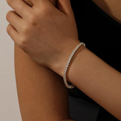 Gem's Beauty 925 Sterling Silver Tennis Bracelet Cubic Zirconia Silver Bracelets For Women 14k Gold Plated 6.5 inches-9 inches - color: Gold 4MM, size: 7.5 inches