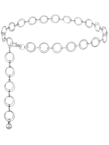 FIORETTO Chain Belt for Women Metal Waist Chain Fashion Multilayer Chain Belts for Dress - color: Double O Ring-silver, size: Fit Waist Up to 44"