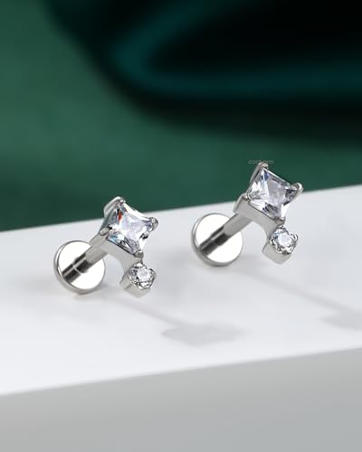 COCHARM 16G Threadless Labret Stud Earrings Flat Back Helix, Tragus, Cartilage,Conch Piercing Jewelry Square CZ Push Pin Lobe Stud 6mm 8mm 316L Steel Silver, Gold - color: Silver, size: 1.2x6mm