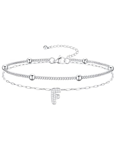 Richsteel Initial Ankle Bracelets for Women Waterproof, 14K Gold Plated/Silver Stainless Steel Anklets, Dainty Adjustable Layered Anklets with Bubble Letter, Non Tarnish Summer Beach Jewelry with Gift Box - color: G-Silver