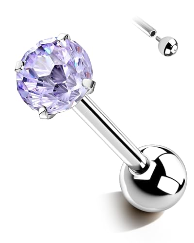 G23 Solid Titanium Tongue Ring Barbell 14G Firework CZ Bar Tongue Rings Surgical Steel Toungue Piercing - color: Pueple