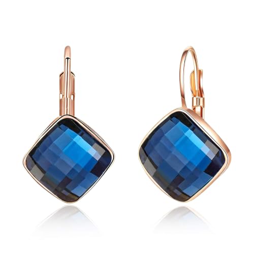 Austrian Crystal Square Leverback Drop Earrings for Women | Classic Square-Cut Crystal,14K Gold-Plated,Leverback for Easy Secure Wear,Gift Box Included,For Day and Evening Events - color: Dark Blue
