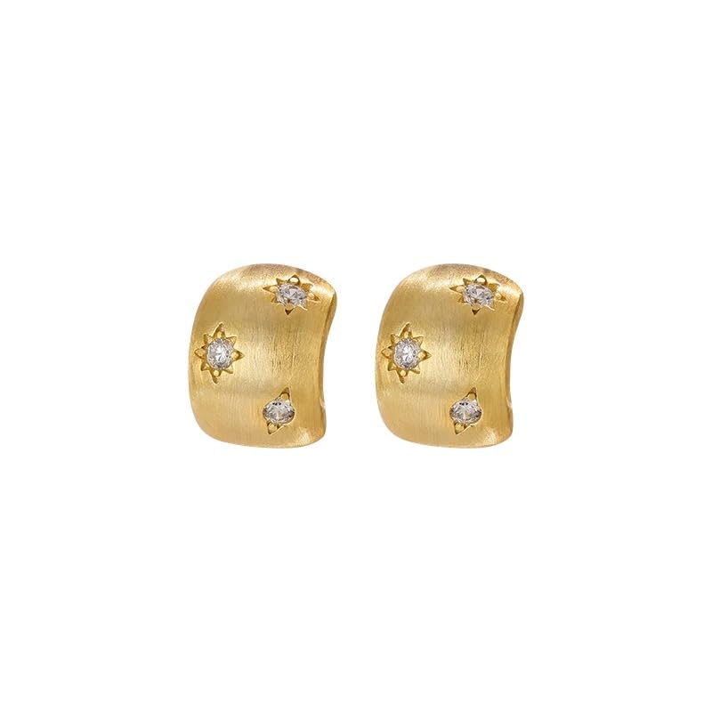 14K Gold Plated Women's Geometric Stud Earrings with Micro-Pave Zirconia, Semi-Curved Brushed Matte Finish,Elegant Light Luxury Jewelry Gift