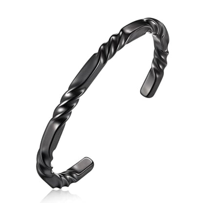 Hisatan Stainless Steel Mens Cuff Bracelet, Minimal Twist Cool Antique Retro/Silver/Black Open Metal Cuff Bangle Bracelets for Men, 65/70mm - color: Black