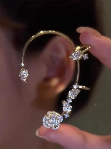 2PCS Flower Tassel Zircon Earrings Ear Cuffs No Piercing Flower Climber Wrap Around Earrings Pearl Drop Earrings for Women Fairy Ear Clip Dainty Wedding Earrings for Brides - color: Style 1 - Gold