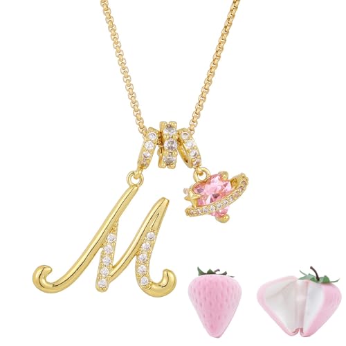 Initial Letter Necklace with Pink Heart Charm, Sparkling Zircon Alphabet Pendant in Gold or Silver Tone, Sweet Style Jewelry with Gift Box, Letter Chain for Daily Wear and Gift - color: Gold+Pink Box, size: #M
