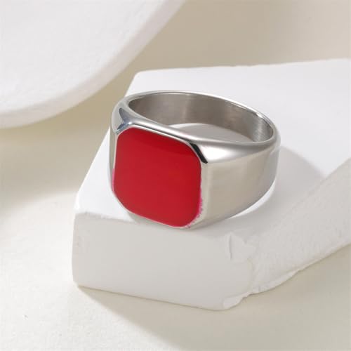 PAURO Unisex Stainless Steel Minimalist Square Enamel Signet Ring Plated Glossy Wedding Band - color: Silver Red