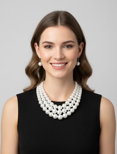 Fashion 21 Women's Faux Pearl Three Multi-Strand Statement Necklace and Earrings Set - color: White