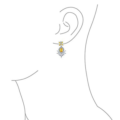 Cocktail Leaf Motif Multi Color CZ Chandelier Clip-On Earrings Silver Plate - color: Yellow