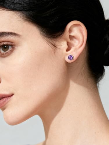 FindChic 2 Carat Birthstone Stud Earrings for Women, Round/Heart/Princess Cut Stud Earrings, Hypoallergenic Studs with 925 Sterling Silver Posts, 12 Months Birthday Jewelry Gift - color: 02. February-Amethyst(Round Cut )