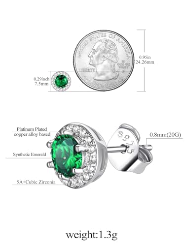 FindChic Birthstone Earrings for Women, Round/Heart/Square/Teardrop Earrings with 925 Sterling Silver Posts & Push Backs, Hypoallergenic Studs with Cubic Zirconia, 12 Months Jewelry with Gift Box - style: 05. May-Emerald (Round)