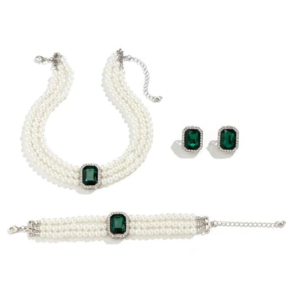 Wekicic Faux Pearl Necklace Earrings Set for Women Crystal Pearl Choker Necklace Bracelet Set 1920s Jewelry for Wedding Party - color: Green