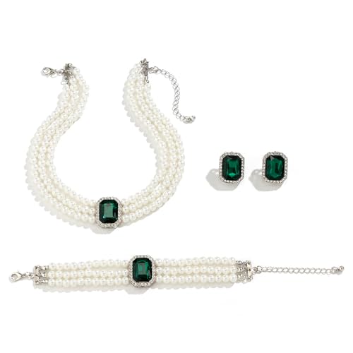 Wekicic Faux Pearl Necklace Earrings Set for Women Crystal Pearl Choker Necklace Bracelet Set 1920s Jewelry for Wedding Party - color: Green