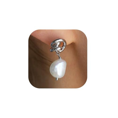 Pearl Earrings for Women 14K Gold Freshwater Pearl Hoop Earring Dangle Drop Wedding Earrings Bridal Bridesmaid Jewelry Gifts for Women - color: Silver Knot Pearl Drop Earrings
