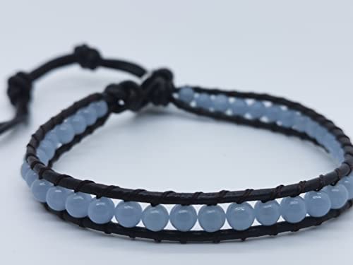 Handmade Alloy Leather Natural Stone Bead Statement Bracelet Bangle Cuff Rope 3 Wrap Adjustable Jewelry Collection - color: Blue Angle&1 Wrap Black Leather