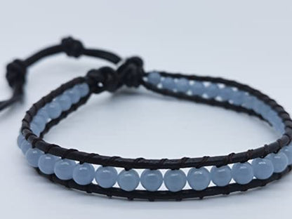 Handmade Alloy Leather Natural Stone Bead Statement Bracelet Bangle Cuff Rope 3 Wrap Adjustable Jewelry Collection - color: Blue Angle&1 Wrap Black Leather