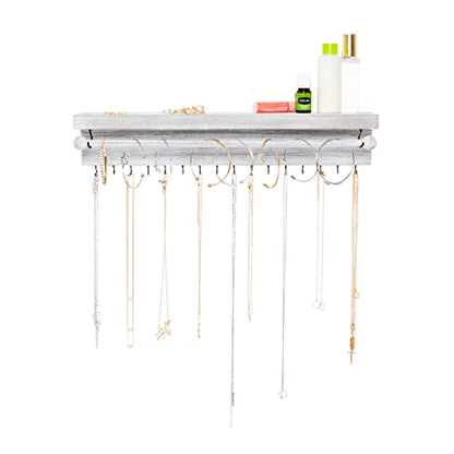 Rustic White Necklace Jewelry Organizer - Wall Mount Jewelry Holder - Mounted Hanging Jewelry Storage Hooks for Necklace, Earrings, and Rings - Farmhouse Wood Decor Bedroom Boho Shelf Rack - style: Rustic - Gray