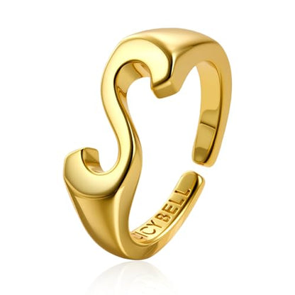 Cicy Bell Initial Rings for Women 18k Gold Plated Adjustable Rings | Open Signet Rings, Bold Letter, Personalized Engraved, For Party - color: Initial-S