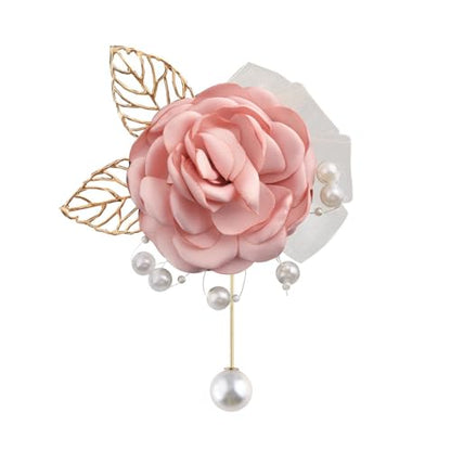Handmade Elegant Red Rose Flower Brooch Pin for Women Crystal Pearl Fabric Flower Lapel Pin Dress Suit Accessories - color: Pink B