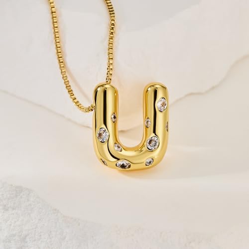 Cicy Bell Initial Necklace for Women 14k Gold Plated | Cubic Zirconia, Trendy, Personalized, Dainty Letter Pendant - color: U-Gold