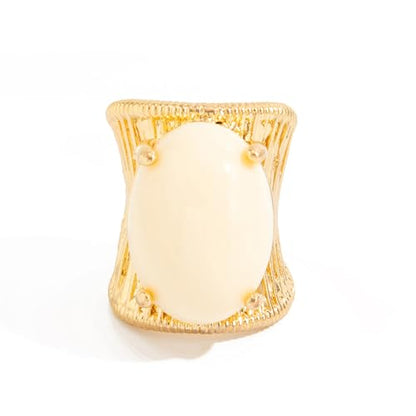 Geometric Open Ring, Adjustable Statement Rings with Non-Fading Hand-Marbled Resin Wide Band, Metallic Stripe Accent Finger - color: Off1 white