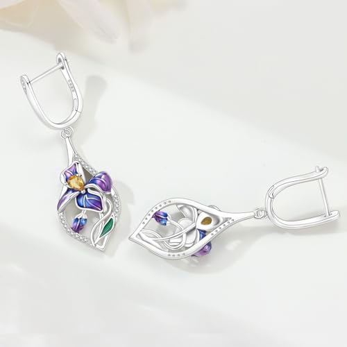 925 Sterling Silver Hoop Earrings Drop Dangle Earrings for Women Hypoallergenic Earring Trendy Huggie Earring Cute Graduation Birthday Gifts Jewelry for Women - color: Blue-purple Iris earrings