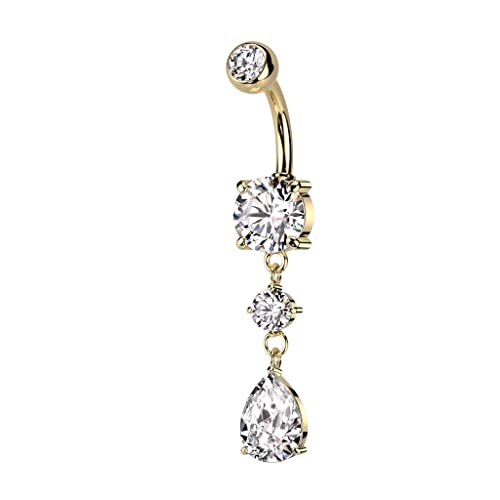 Pierced Owl 14GA 316L Stainless Steel CZ Crystal Tear Drop Dangling Belly Button Ring - style: Gold Tone