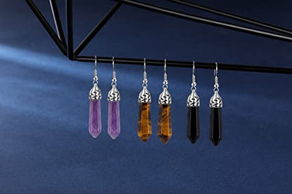 Jovivi 3Pairs Healing Crystals Earrings Sets for Women Natural Real Amethyst Rose Quartz Stone Healing Hexagonal Points Crystal Chakra Dangle Earrings - color: Style 6