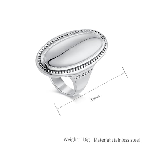 HIJONES Women's Stainless Steel Oval Checker Groove Rugby Ball Groove Dome Signet Ring Wedding Jewellery - color: Silver