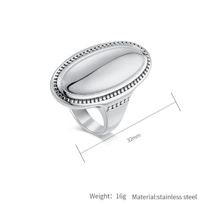 HIJONES Women's Stainless Steel Oval Checker Groove Rugby Ball Groove Dome Signet Ring Wedding Jewellery - color: Silver