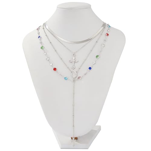 Layered Cross Necklace Set for Women, Layered Choker Necklaces Trendy Jewelry, Colorful Enamel Beaded Y-Shaped Lariat Necklace, Boho Multilayer Cross Necklace for Party and Daily Wear - color: Silver-04