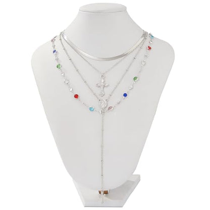 Layered Cross Necklace Set for Women, Layered Choker Necklaces Trendy Jewelry, Colorful Enamel Beaded Y-Shaped Lariat Necklace, Boho Multilayer Cross Necklace for Party and Daily Wear - color: Silver-04