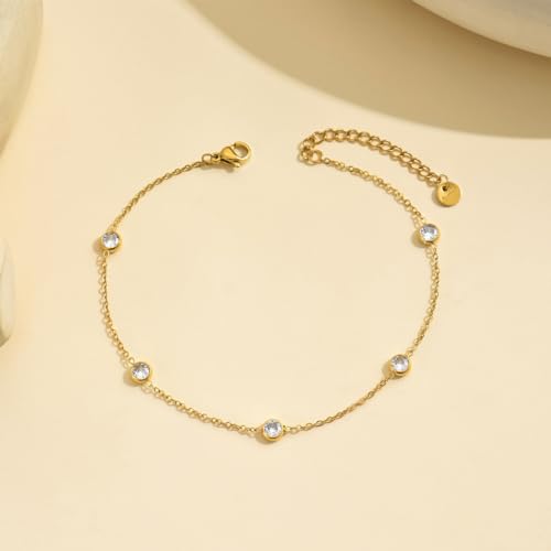 Dainty Ankle Bracelets for Women 18K Gold Plated Waterproof | Satellite Beaded Herringbone Lip Chain Anklets Simple Minimalist Summer Beach Foot Jewelry, Gift Box Included - color: 5 CZ-Gold