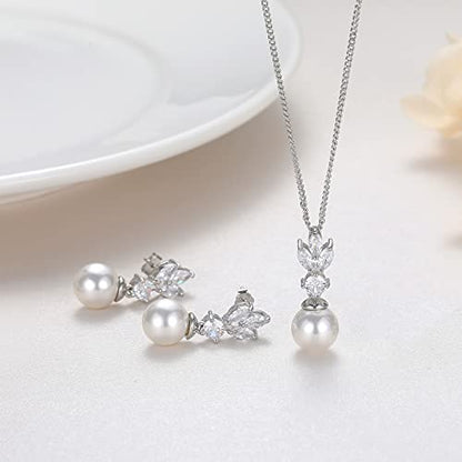 Wedding Jewelry for Bride Bridesmaid, Pearl Dangle Earrings and Pendant Necklace Set Bridal Jewelry for Promise Wedding Party - color: 4#Silver-Necklace/Earrings