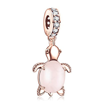 S925 Bead Pendant Charms for Bracelets Necklaces, Compatible with Pandora, Jewelry Making DIY - style: Glass Turtle Charm Rose Gold Plated and Pink