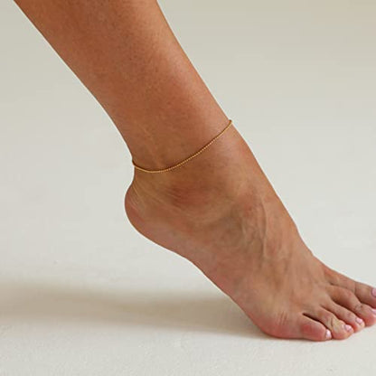 Dainty Ankle Bracelets for Women 18K Gold Plated Waterproof | Satellite Beaded Herringbone Lip Chain Anklets Simple Minimalist Summer Beach Foot Jewelry, Gift Box Included - color: Ball Chain-Gold
