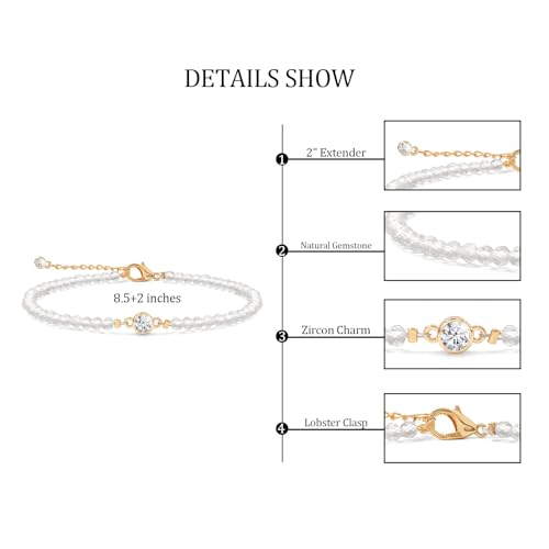 Raicegs Anklets for Women Handmade Beach Boho Ankle Bracelet 3mm Natural Stone Beaded Ankle Bracelet 14K Gold Plated Zircon Pendant Adjustable Crystal Gemstone Anklet Jewelry Gift for Her - color: Clear Quartz