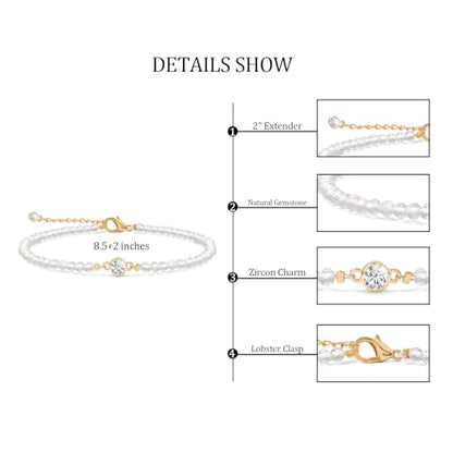 Raicegs Anklets for Women Handmade Beach Boho Ankle Bracelet 3mm Natural Stone Beaded Ankle Bracelet 14K Gold Plated Zircon Pendant Adjustable Crystal Gemstone Anklet Jewelry Gift for Her - color: Clear Quartz