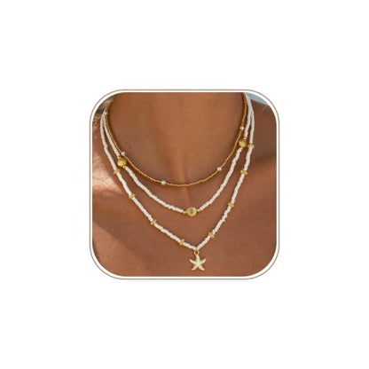 Hothty Layered Shell Starfish Necklaces for Women,Dainty Waterproof Boho Charm Pendant Necklace Seashell Pearl Beach Necklaces Set Jewelry Gifts - color: Starfish Necklace-295