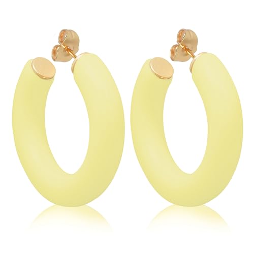 Gold Plated Multicolor Resin Chunky Thick Open Hoop Earrings in 57MM and 37.5MM Diameters - color: Yellow - Pastel - Matte Finish, size: 37.5MM (1.48") Diameter