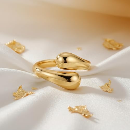 Adjustable Gold Teardrop Ring for Women - 18K Gold Plated Minimalist Open Wrap Water Drop Ring, Bold Chunky Statement Jewelry, Gift for Her