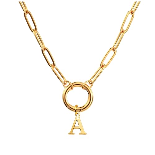 Paperclip Chain Carabiner Initial Charm Holder Necklace by Ginger Lyne | 18K Gold-Plated or Silver Tone Paperclip Chain with Carabiner Charm Holder, Adjustable 18-20 Inch, A-Z Initial Pendant - color: Gold-A