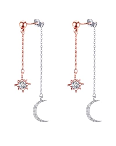 Moon and Star Dangle Earrings | Chain Tassel with Cubic Zirconia Drop Front and Back Earrings Celestial Jewelry for Wedding Gift - color: Rose Gold and Silver