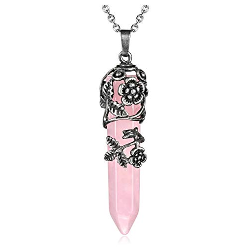 Top Plaza Flower Wrapped Natural Rose Quartz Crystal Necklace | Antique Silver Healing Crystal Gemstone Necklaces for Women Mothers Day Mom Gifts - color: Rose Quartz