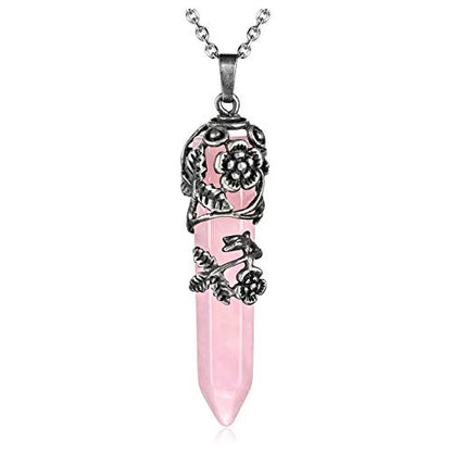 Top Plaza Flower Wrapped Natural Rose Quartz Crystal Necklace | Antique Silver Healing Crystal Gemstone Necklaces for Women Mothers Day Mom Gifts - color: Rose Quartz